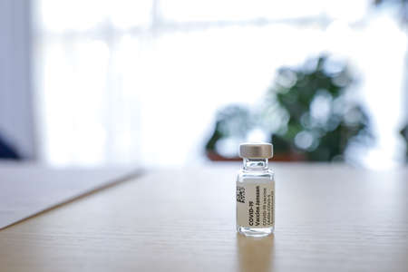 Bucharest, Romania - October 22, 2021: Details with the Janssen (Johnson and Johnson) anti Sars Cov 2 vaccine.のeditorial素材