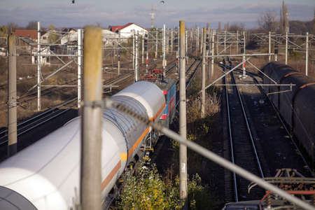 Oil, gas and liquefied petroleum gas (LPG, LP gas, or condensate) freight train wagons in a station...