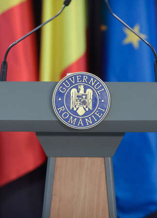Bucharest, Romania - December 9, 2021: Details with the Romanian Government logo during a press...