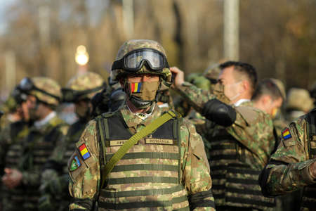 Bucharest, Romania - 1 December, 2021: Romanian army soldiers prepare for the Romanian national day...