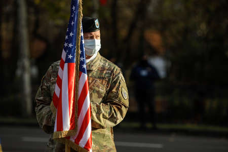Bucharest, Romania - 1 December, 2021: US Army officer takes part at the Romanian National Day military parade.のeditorial素材