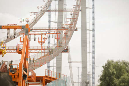 Braila, Romania - August 26, 2021: The Braila Bridge construction site, a bridge over the Danube river between Braila and the opposite bank of the river in Tulcea County.のeditorial素材