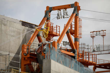 Braila, Romania - August 26, 2021: The Braila Bridge construction site, a bridge over the Danube river between Braila and the opposite bank of the river in Tulcea County.のeditorial素材
