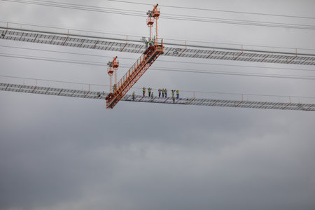 Braila, Romania - August 26, 2021: The Braila Bridge construction site, a bridge over the Danube river between Braila and the opposite bank of the river in Tulcea County.のeditorial素材