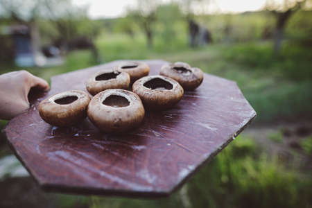 Shallow depth of field (selective focus) details with brown mushrooms (Agaricus bisporus) on a...