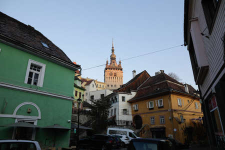 Sighisoara, Romania - October 30, 2021: The medieval clock tower in the Transylvanian town of...