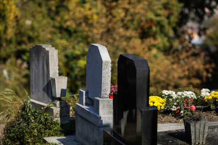 Sighisoara, Romania - 30 October 2021: Details with tombs, tombstones and vegetation from the old saxon cemetery in the medieval citadel and full of winding paths and ivy-covered graves.のeditorial素材