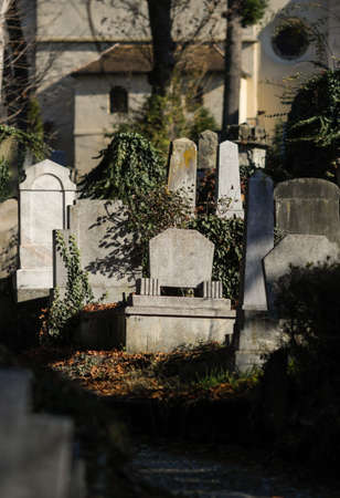 Sighisoara, Romania - 30 October 2021: Details with tombs, tombstones and vegetation from the old saxon cemetery in the medieval citadel and full of winding paths and ivy-covered graves.のeditorial素材