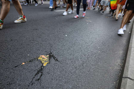Bucharest, Romania - August 14 , 2021: Eggs were thrown towards the people attending the Bucharest Pride in downtown Bucharest.のeditorial素材