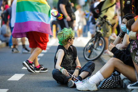 Bucharest, Romania - August 14 , 2021: People attend the Bucharest Pride in downtown Bucharest.のeditorial素材