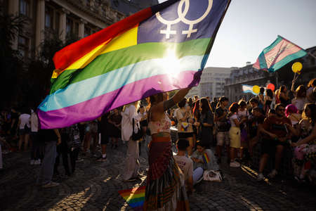 Bucharest, Romania - August 14 , 2021: People attend the Bucharest Pride in downtown Bucharest.