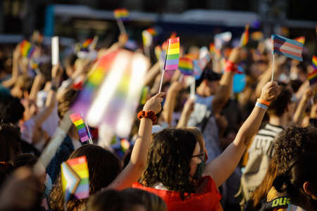 Bucharest, Romania - August 14 , 2021: People attend the Bucharest Pride in downtown Bucharest.