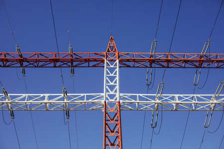High voltage transmission lines on metallic poles in Bucharest, Romania.