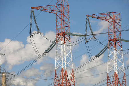 High voltage transmission lines on metallic poles in Bucharest, Romania.