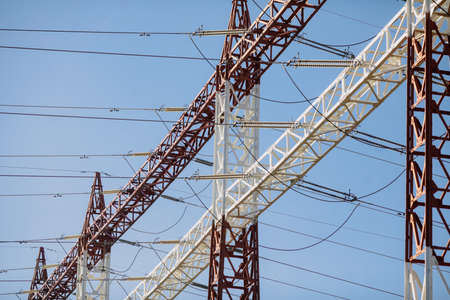 High voltage transmission lines on metallic poles in Bucharest, Romania.