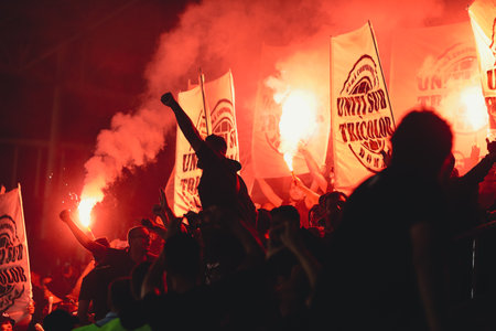 Bucharest, Romania - June 14, 2022: Romanian soccer (football) fans react during a game.