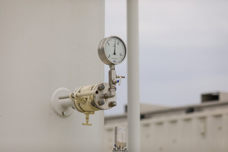 Vadu, Romania - June 28, 2022: Details with a pressure gauge at a gas treatment plant.のeditorial素材
