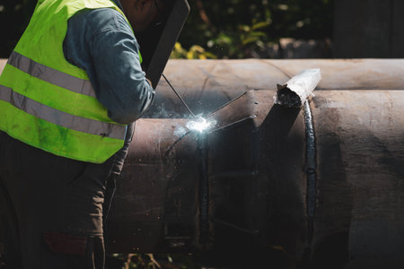 Shallow depth of field (selective focus) details with a professional welder welding an industrial metallic pipeline.の写真素材