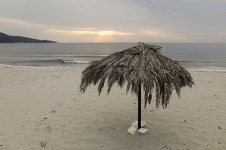 Golden Beach (Skala Potamia) on the Greek island of Thassos during a cloudy summer morning.の写真素材
