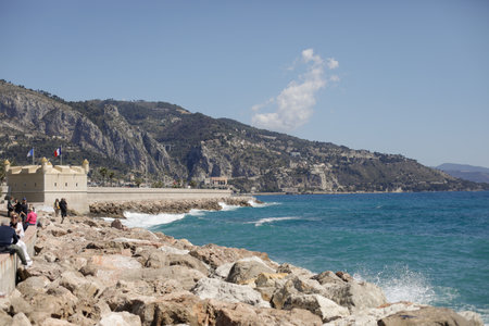 Menton, France - April 17, 2022: Details from the sea town of Menton on the French riviera during a sunny spring day.のeditorial素材