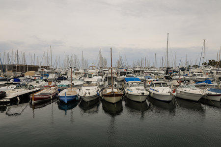 Cannes, France - April 20, 2022: Details from the marina of Cannes on the French riviera during a cloudy spring day.のeditorial素材