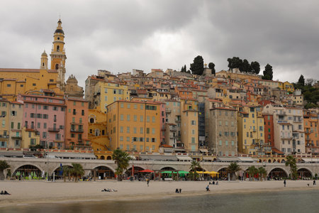 Menton, France - April 22, 2022: Old town and architecture of Menton on the French riviera during a cloudy spring day.のeditorial素材