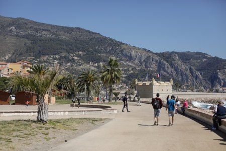 Menton, France - April 17, 2022: Details from the sea town of Menton on the French riviera during a sunny spring day.のeditorial素材