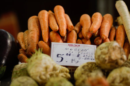 Bucharest, Romania - August 4, 2022: Shallow depth of field (selective focus) details with carrots...