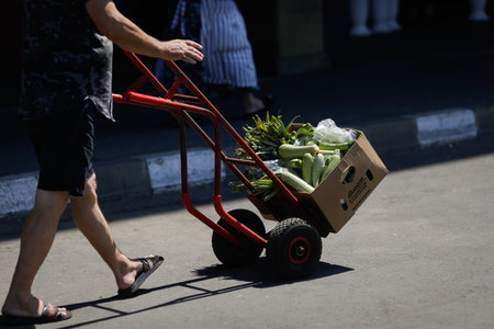 Bucharest, Romania - August 4, 2022: Shallow depth of field (selective focus) details with a man pushing a cart with vegetables in Obor market in Bucharest, Romania.のeditorial素材