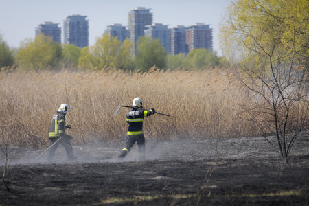 Bucharest, Romania - April 5, 2022: Firefighters try to extinguish a wildfire of vegetation in the Vacaresti park nature reserve.のeditorial素材