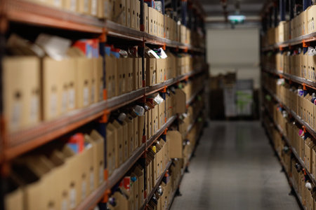 Bucharest, Romania - November 7, 2022: Shallow depth of field (selective focus) details with boxes in a warehouse of an commerce and delivery company.のeditorial素材
