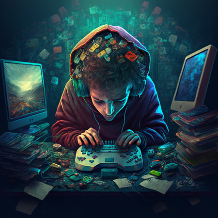 AI generated image. Computer games addiction concept.の素材