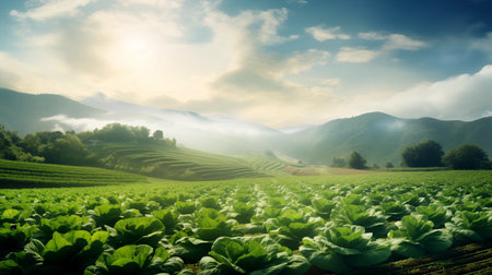 Idyllic scenery with an organic farm and crops. AI generated.の素材