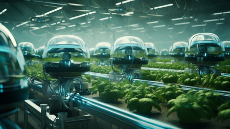 Future of digital agriculture, robots growing and harvesting crops. AI generated.の素材