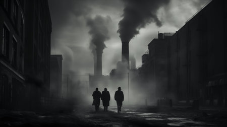 Silhouettes in a grim and black and white environment, polluted industrial city, film noir. AI generated.の素材