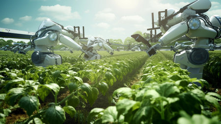 Future of digital agriculture, robots growing and harvesting crops. AI generated.の素材