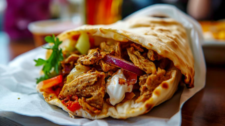 Shallow depth of field (selective focus) image with a tasty doner kebab. Generative AIの素材