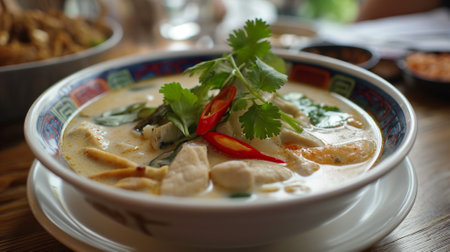 Shallow depth of field (selective focus) image with a bowl of tasty Tom kha kai soup dish. Generative AIの素材