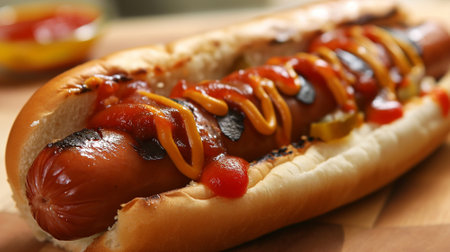 Shallow depth of field (selective focus) image with a tasty hot dog. Generative AIの素材