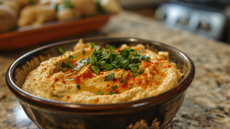 Shallow depth of field (selective focus) image with a bowl with tasty hummus. Generative AIの素材
