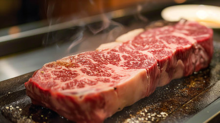 Shallow depth of field (selective focus) image with a tasty piece of wagyu beef steak being cooked. Generative AIの素材