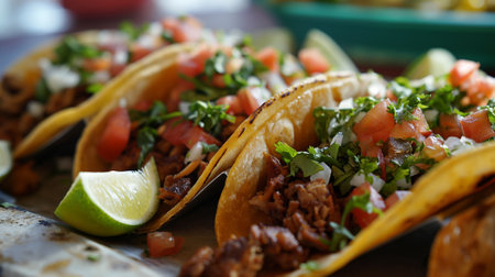 Shallow depth of field (selective focus) image with  tasty tacos. Generative AIの素材