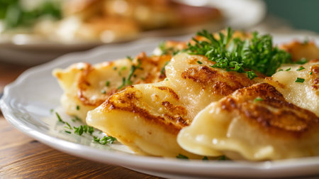 Shallow depth of field (selective focus) image with  tasty pierogi (dumplings) dish. Generative AIの素材