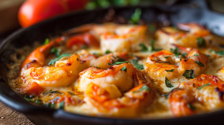 Shallow depth of field (selective focus) image with a tasty greek dish named shrimp saganaki. Generative AIの素材
