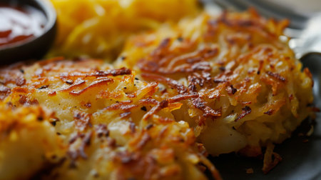 Shallow depth of field (selective focus) image with   the tasty hash browns dish. Generative AIの素材