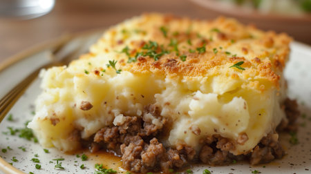 Shallow depth of field (selective focus) image with British shepherd's pie dish. Generative AIの素材