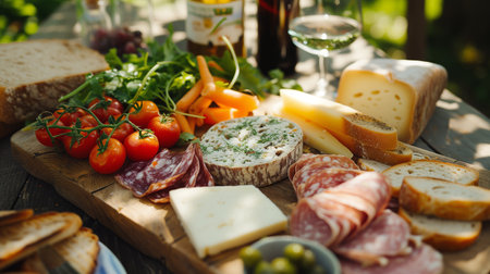 Shallow depth of field (selective focus) image with ploughmans lunch dish. Generative AIの素材