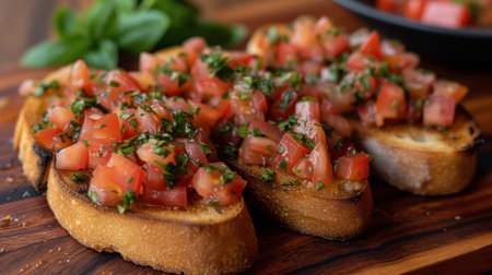 Shallow depth of field (selective focus) image with italian bruschetta. Generative AIの素材