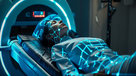 Caucasian woman sitting in a futuristic curing pod with innovative technology. AI generatedの素材