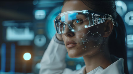 Caucasian female medic using innvative technology to cure patients. AI generated.の素材